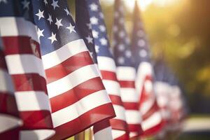 AI generated Closeup of an American flag in a row. memorial day photo