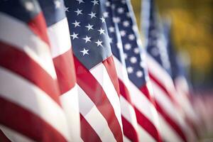 ai generado de cerca de un americano bandera en un fila. monumento día foto