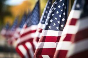 AI generated Closeup of an American flag in a row. memorial day photo