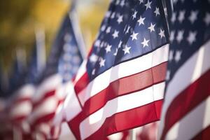 AI generated Closeup of an American flag in a row. memorial day photo
