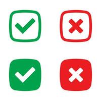 Green tick and red cross checkmarks in flat icons. Yes or no symbol, approved or rejected icon for user interface. vector