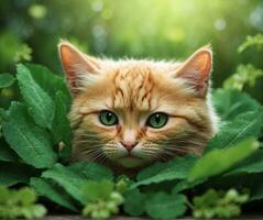 Beautiful ginger cat with green eyes peeking out from behind leaves photo