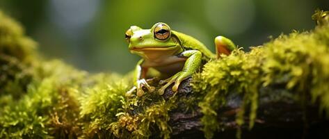 ai generado verde árbol rana sentado en musgo en el selva. fauna silvestre escena desde naturaleza. foto