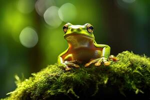 AI generated Green tree frog sitting on moss in the rainforest. Wildlife scene from nature. photo