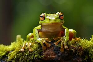 ai generado verde árbol rana sentado en musgo en el selva. fauna silvestre escena desde naturaleza. foto