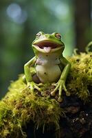 ai generado verde árbol rana sentado en musgo en el selva. fauna silvestre escena desde naturaleza. foto