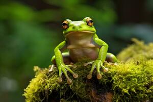 ai generado verde árbol rana sentado en musgo en el selva. fauna silvestre escena desde naturaleza. foto