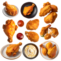 AI generated bunch of different types of chicken on plates isolated on transparent background png