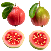 ai gegenereerd rood guava fruit en gesneden geïsoleerd Aan transparant achtergrond png