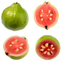 ai gegenereerd rood guava fruit en gesneden geïsoleerd Aan transparant achtergrond png