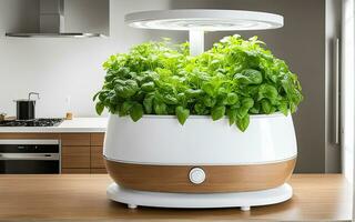 AI Generated Aeroponics and hydroponics are ecofriendly. Installation for growing plants in house and anywhere. Greening technologies for home and space. Sprouts in pots under a lamp. Generated photo