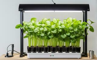 AI Generated Aeroponics and hydroponics are ecofriendly. Installation for growing plants in house and anywhere. Greening technologies for home and space. Sprouts in pots under a lamp. Generated photo