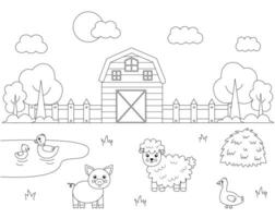 Color farm landscape with cute animals. Educational coloring page for kids. vector