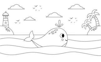 Color farm landscape with cute whale at sea. Educational coloring page for kids. vector