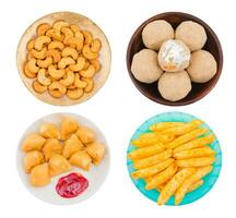 Collage of Indian Breakfast Salty Cashew, Laddu, Spicy Samosa or Fries Snack photo