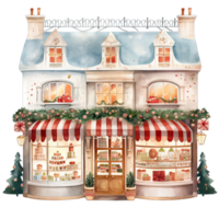 AI generated European Christmas storefront with bows and wreaths decorated for winter holidays png