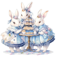 ai généré lapin porter un élégant bleu robe à une printemps après midi thé fête png