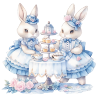 AI generated Rabbit wear an elegant blue dress at a spring afternoon tea party png