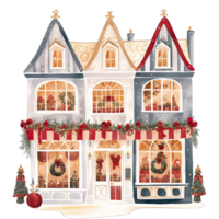 AI generated European Christmas storefront with bows and wreaths decorated for winter holidays png