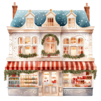 AI generated European Christmas storefront with bows and wreaths decorated for winter holidays png