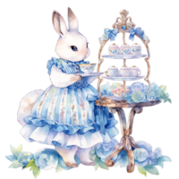 ai généré lapin porter un élégant bleu robe à une printemps après midi thé fête png