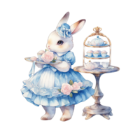 AI generated Rabbit wear an elegant blue dress at a spring afternoon tea party png