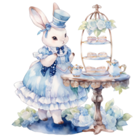 ai généré lapin porter un élégant bleu robe à une printemps après midi thé fête png