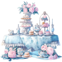 AI generated Spring afternoon tea party table Decorated with blue and pink flowers png