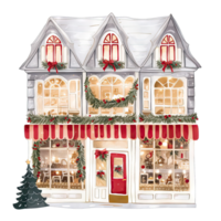 AI generated European Christmas storefront with bows and wreaths decorated for winter holidays png