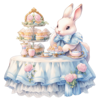 AI generated Rabbit wear an elegant blue dress at a spring afternoon tea party png