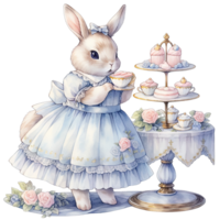 AI generated Rabbit wear an elegant blue dress at a spring afternoon tea party png