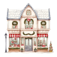 AI generated European Christmas storefront with bows and wreaths decorated for winter holidays png