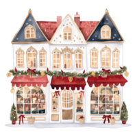 AI generated European Christmas storefront with bows and wreaths decorated for winter holidays png