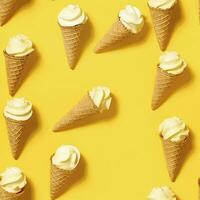 AI generated Ice Cream pattern on yellow background, top view. AI Generated photo