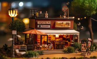 AI generated A charming and cozy coffee shop Set beside a busy highway with Warm and golden sunset light, and a Picturesque sunset view with vibrant colors. AI Generative photo