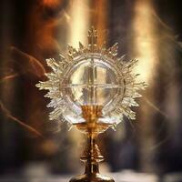 AI generated The golden monstrance with a little transparent crystal center, consecrated host. church defocused background. AI Generative photo