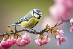 ai generado un bluetit pájaro descansando en el rama de un árbol. ai generado. foto