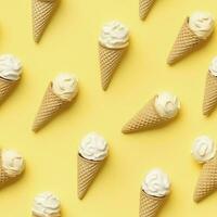 AI generated Ice Cream pattern on yellow background, top view. AI Generated photo