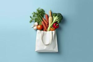 ai generado tienda de comestibles lleno bolsa. blanco compras bolso con vegetales en ligero azul antecedentes. generativo ai foto