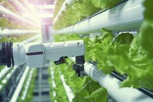 AI generated Automatic Agricultural Technology With Close-up View Of Robotic Arm Harvesting Lettuce In Vertical Hydroponic Plant. AI Generated photo