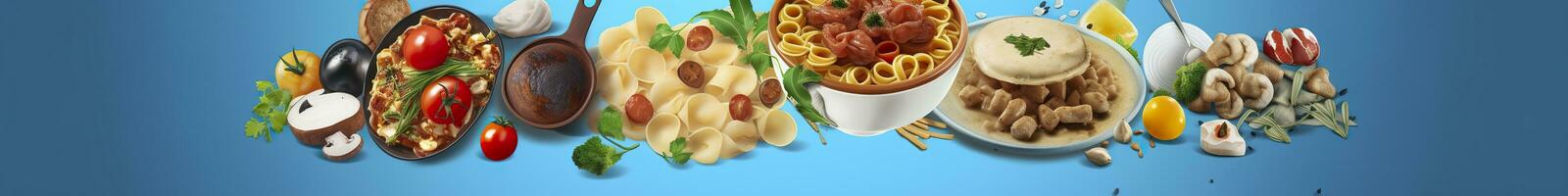 AI generated Web page banner of famous Italian food recipes on clean blue background. AI Generated photo