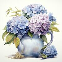 AI generated Watercolor hydrangeas in teapot isolated on white background. AI Generated photo
