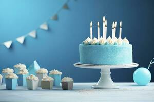 AI generated Birthday cake with candles and sweets on white table near blue wall. Generative AI photo