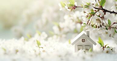 AI generated Toy house and cherry flowers, spring abstract natural background. Generative AI photo