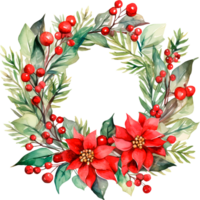 AI generated Christmas watercolor illustration of a Christmas wreath made of fir branches with berries and flowers png