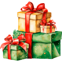 ai generado Navidad acuarela ilustración de un montaña de regalos en brillante cajas png