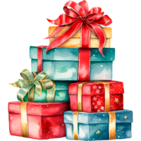 ai generado Navidad acuarela ilustración de un montaña de regalos en brillante cajas png