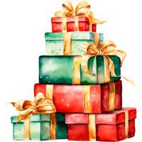 ai generado Navidad acuarela ilustración de un montaña de regalos en brillante cajas png