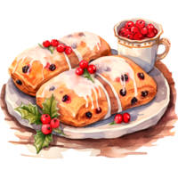 AI generated Christmas watercolor illustration of festive cupcake with berries, stollen png