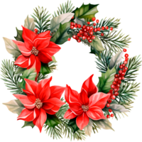 AI generated Christmas watercolor illustration of a Christmas wreath made of fir branches with berries and flowers png